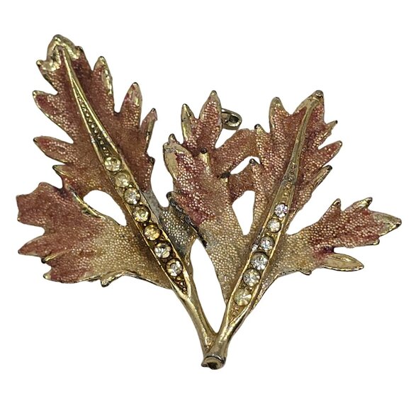 Vintage Gold Tone Leaf Brooch Pin with Rhinestones Sugar Bead Lapel Pin - Picture 1 of 10